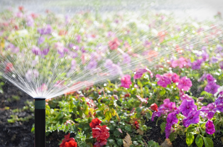 An automatic sprinkler watering a bed of flowers in bright sunshine.