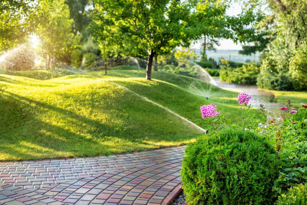 Automatic garden watering system with different sprinklers installed under turf. Landscape design with lawn hills and fruit garden irrigated with smart autonomous sprayers at sunset evening time.